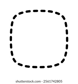 Dashed squircle or square with rounded borders. Simple geometric shape with stitch line isolated on white background. Cut here pictogram. Vector graphic illustration.