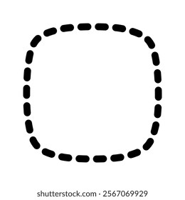 Dashed squircle or square with rounded borders. Simple geometric shape with stitched line isolated on white background. Cut here pictogram. Vector graphic illustration.