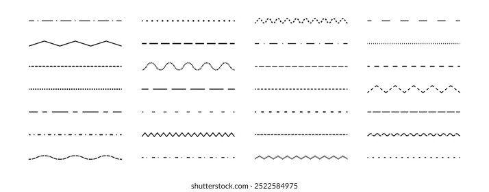 Linha tracejada reta, ondulada e ziguezague definida. Coleção de elementos de design de divisores ou separadores pontilhados. Pacote de traçado quebrado para sublinhado, ênfase, realce. Feixe de linhas de ziguezague com traço repetido. Vetor