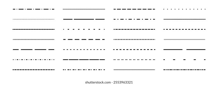 Dashed thin lines set. Black straight dotted stripe collection. Separate and divide element bundle for flyer, poster, brochure, banner, booklet, leaflet. Vector design pack