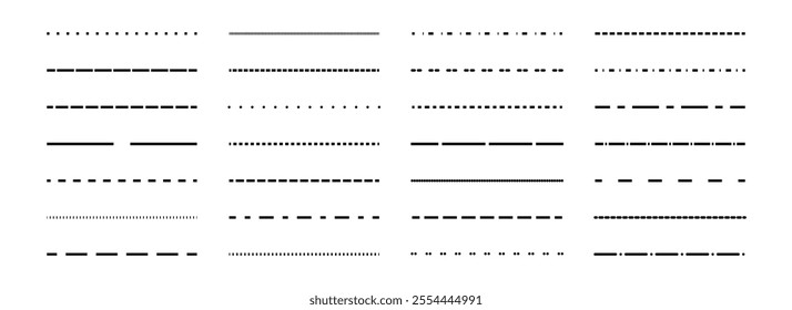 Dashed thin lines set. Black straight dotted stripe collection. Separate and divide element bundle for flyer, poster, brochure, banner, booklet, leaflet. Vector design pack