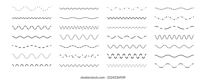 Linha de onda tracejada definida. Coleção de elementos de design de divisores ou separadores pontilhados. Pacote de traçado ondulado quebrado para sublinhado, ênfase, realce. Feixe de linhas de ziguezague com traço repetido. Vetor