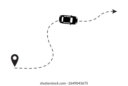 Ilustração de caminho ondulado tracejado mostrando um carro movendo-se de um único pino de localização com elementos de viagem direcionais para navegação de rota planejamento de mapa de rastreamento de viagem e movimento do veículo