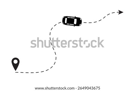 Dashed wavy path illustration showing a car moving from a single location pin with directional travel elements for route navigation journey tracking map planning and vehicle movement
