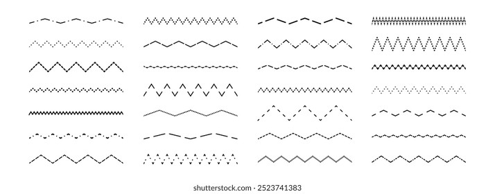 Conjunto de linhas onduladas tracejadas e ziguezague. Coleção de elementos de design de divisores ou separadores pontilhados. Pacote de traçado quebrado para sublinhado, ênfase, realce. Feixe de linhas de ziguezague com traço repetido. Vetor