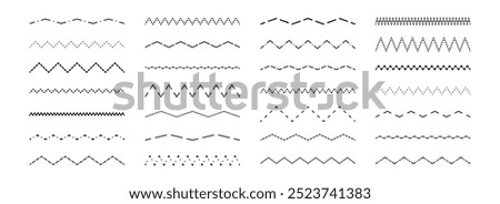 Dashed wavy and zig zag line set. Dotted dividers or separators design element collection. Broken stroke pack for underline, emphasis, highlight. Repeated dash zigzag lines bundle. Vector