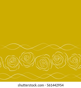 Dashed white and yellow roses silhouette seamless pattern. Hand drawn horizontal sketch with abstract rose flowers in white and yellow colors. Floral card design with copy space (place for your text).