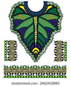 Patrón de cuello de camisa africana Dashiki inspirado en la hoja, diseño vintage monocromático verde