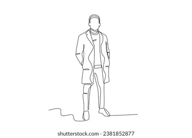 A dashing man wearing winter clothes. Winter outfit one-line drawing