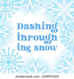 Dashage à travers le texte de la neige sur fond bleu avec illustration de flocons de neige stylisés