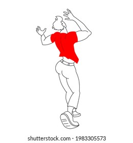 A dashingly dancing man in a red T-shirt. Contour drawing on white background, vector illustration