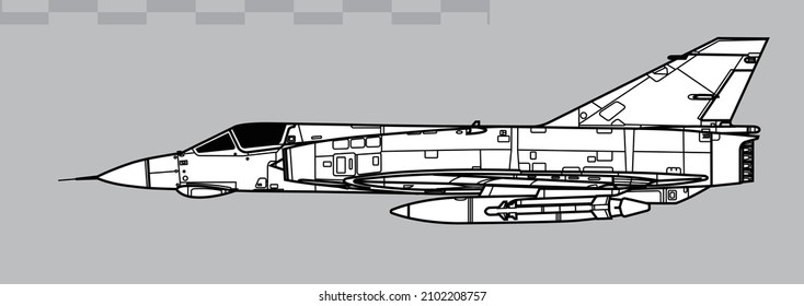 Dassault Mirage IIIE. Vector drawing of multirole tactical fighter. Side view. Image for illustration and infographics.