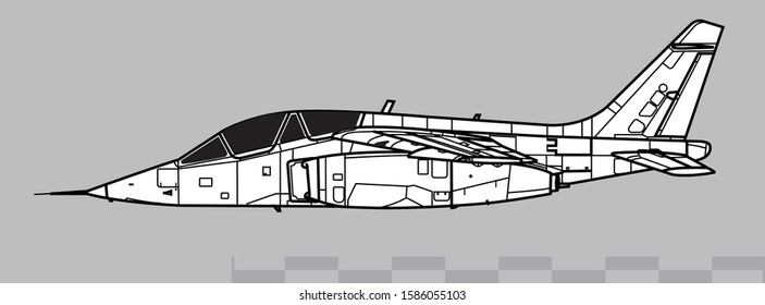 Dassault-Dornier Alpha Jet. Vector drawing of training jet aircraft. Side view. Image for illustration.