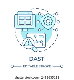 Icono de concepto DAST azul suave. Análisis dinámico, aplicación de Web. Pruebas de seguridad. Ilustración de línea de forma redonda. Abstractas idea. Diseño gráfico. Fácil de usar en infografía, presentación