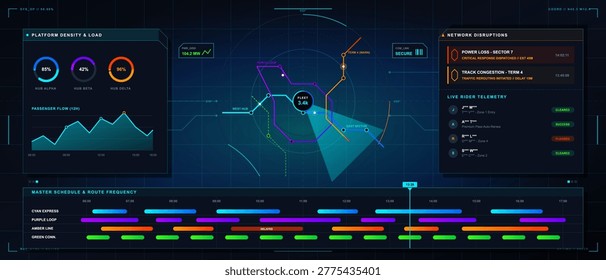 Data about passenger flow, network disruptions, and schedules for public transport in a city during rush hour. It highlights various routes and loads.