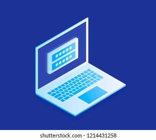 Data Access concept, login form on screen laptop, personal account, authorization process, inter password. Modern vector illustration in isometric style.