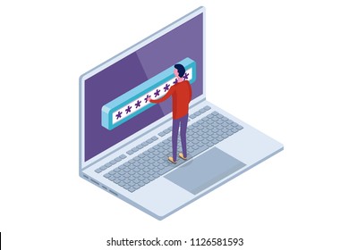 Data Access, Password isometric concept. Login form on screen. Vector illustration.
