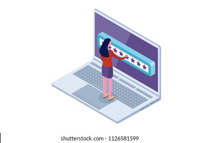 Data Access, Password Isometric Concept. Login Form On Screen. Vector Illustration.