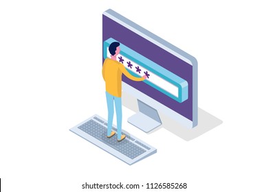 Data Access, Password isometric concept. Login form on screen. Vector illustration.