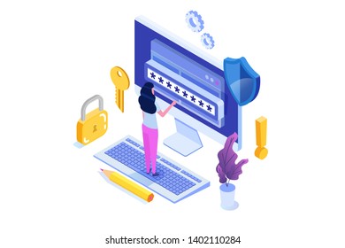 Data Access, Password isometric concept. Login form on screen. Vector illustration.