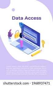 Data Access, Password isometric concept. Login form on screen. Vector illustration.