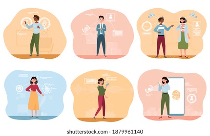 Data access and user experience abstract concept. Verification technologies, affective computing, user password. Set of flat cartoon vector illustrations isolated on white background.