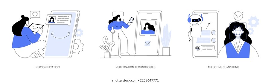 Data access and user experience abstract concept vector illustration set. Personification, verification technologies, affective computing, user password, social media account abstract metaphor.