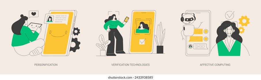 Conjunto de ilustración vectorial de concepto abstracto de acceso a datos y experiencia del usuario. Personificación, tecnologías de verificación, computación afectiva, contraseña de usuario, cuenta de redes sociales metáfora abstracta.