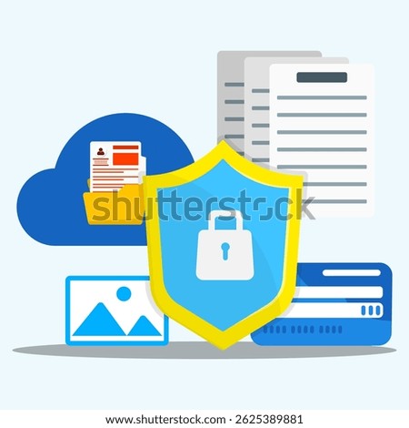 Data and account protection concept. Personal data and online payment protection. Cloud storage security system and encrypted cloud data. 