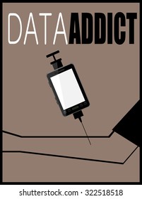 data addiction design with arm and cell phone needle