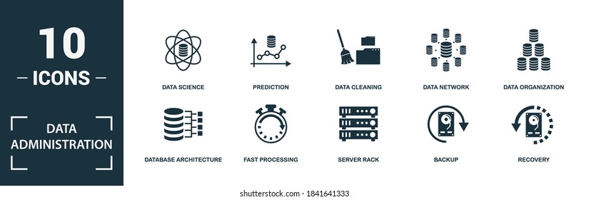 Data Administration icon set. Collection of simple elements such as the system monitoring, distributed database, database architecture, fast processing. Data Administration theme signs.