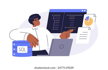 Administrador de datos, administración de bases de datos con SQL. Tecnología de la información, almacenamiento digital y concepto de análisis. Codificación y elaboración de informes. Ilustración vectorial plana aislada sobre fondo blanco