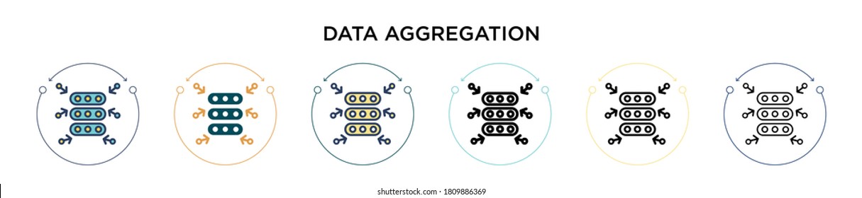 Data aggregation icon in filled, thin line, outline and stroke style. Vector illustration of two colored and black data aggregation vector icons designs can be used for mobile, ui, web