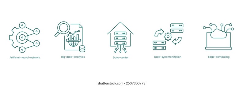 Data and AI Infrastructure Vector Icons: Neural Networks, Big Data Analytics, Data Center, Data Synchronization, Edge Computing