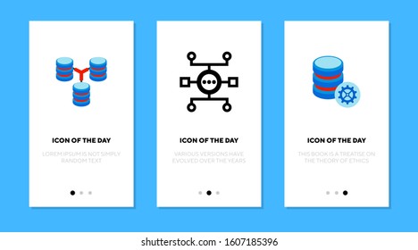 Data allocation flat icon set. Storage system, server, hardware. Computing, database, information technology concept. Vector illustration symbol elements for web design