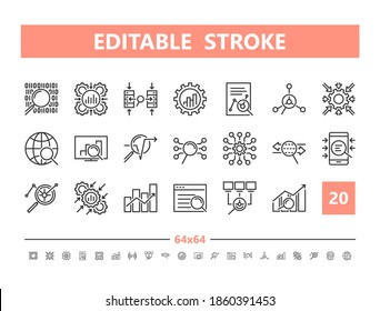 Data analysis 20 line icons. Vector illustration in line style. Editable Stroke, 64x64, 256x256, Pixel Perfect.