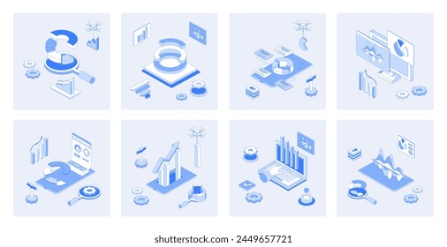 Data analysis 3d isometric concept set with isometric icons design for web. Collection of charts and graphs, marketing research, financial diagrams report, statistic information. Vector illustration