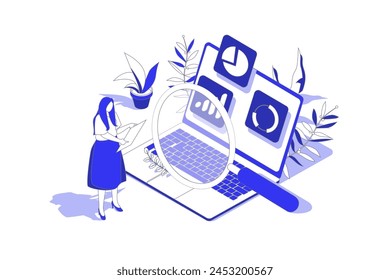 Data analysis 3d isometric concept in isometry graphic design for web. People scene with woman researching data charts and graphs, making financial report and working at laptop. Vector illustration.