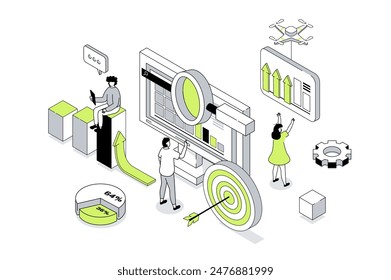 Data analysis 3d isometric concept in outline isometry design for web. People analyzing graphs and business reports, working with financial diagrams, making target and strategy. Vector illustration.