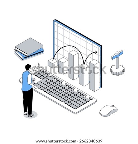 Data analysis 3d isometric concept with isometry people design for web. Man bookkeeping and calculating barcharts, researching performances, statistics and market trends at graphs. Vector illustration