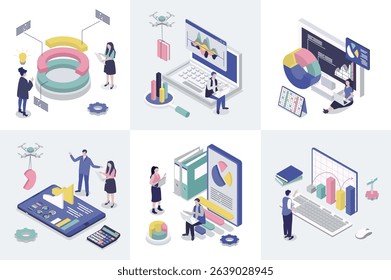 Data analysis 3d isometry concept for web design. Collection set with isometric people making statistics research, chart, diagram and graph dashboard analyzing, marketing report. Vector illustration.