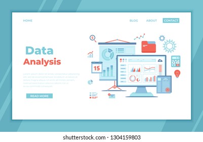 Data Analysis, Accounting, Analytics, Report, Research, Planning. Charts, diagrams, graphs on the monitor screen, projector screen landing page template or web banner.