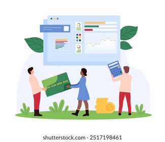Análise de dados, análise contábil e financeira, pesquisa estatística. Minúsculas segurando calculadora e cartão de crédito para planejar o orçamento, calcular as despesas da empresa e a ilustração do vetor do desenho animado de renda