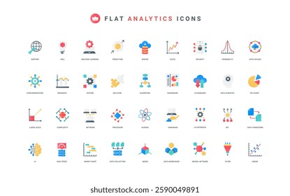 Data analysis with AI, machine learning, intelligent research process, statistics color icon set. Digital algorithm, tech structure and code to automate analytics, flat elements vector illustration