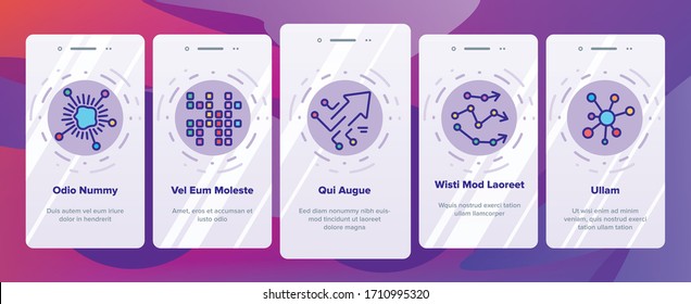 Data Analysis Analytic Onboarding Icons Set Vector. Data Statistics And Infographic, Computer Digital Processor Microchip Contact Illustrations