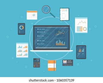 Data analysis, analytics, auditing, research. Web and online mobile service. Documents, charts graphs on screens of a laptop, phone, tablet, documents, planner. Business background banner. Vector