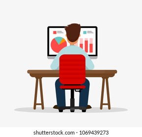 Data analysis. Analytics. Businessman sitting and monitoring statistics on computer screen. Vector illustration in flat style. EPS10.