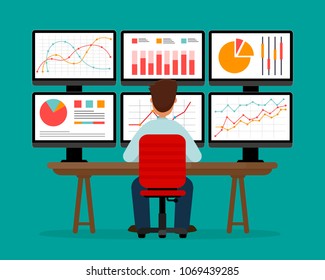 Data analysis. Analytics. Businessman sitting and monitoring statistics on many computer screens. Vector illustration in flat style. EPS10.