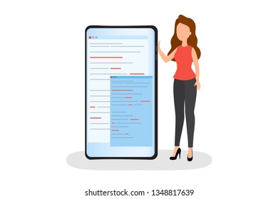 Data analysis and analytics concept. Woman stand at a big mobile phone. Digital report. Analytic application in smartphone. Vector illustration in cartoon style