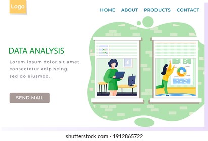 Data analysis, analytics landing page template with woman analyst working with laptop. Businesswoman giving presentation with business project report. Mentor, coach on seminar, annual financial report